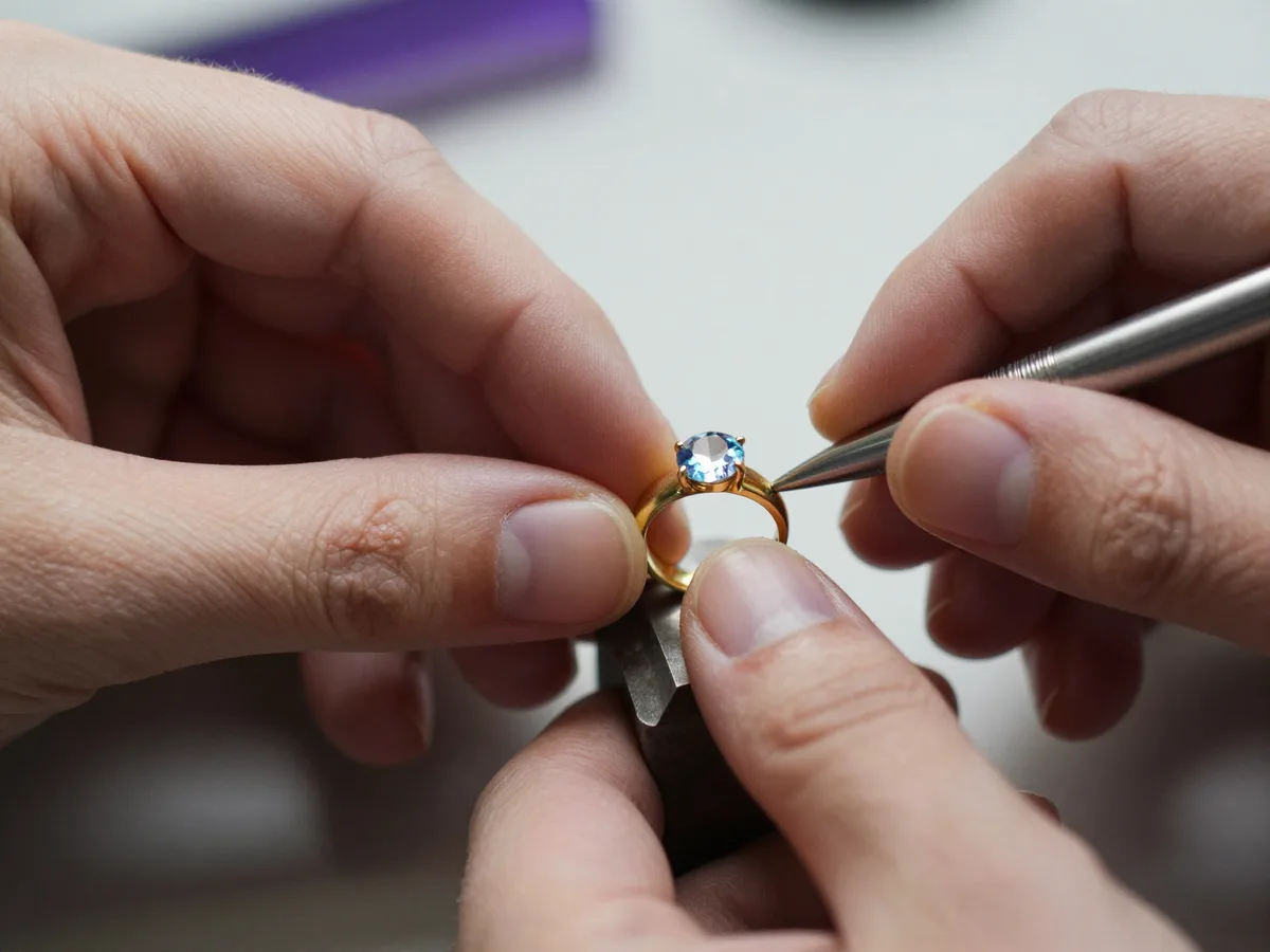 A jeweller hand-setting a gemstone into a gold ring at a workbench, elegant macro