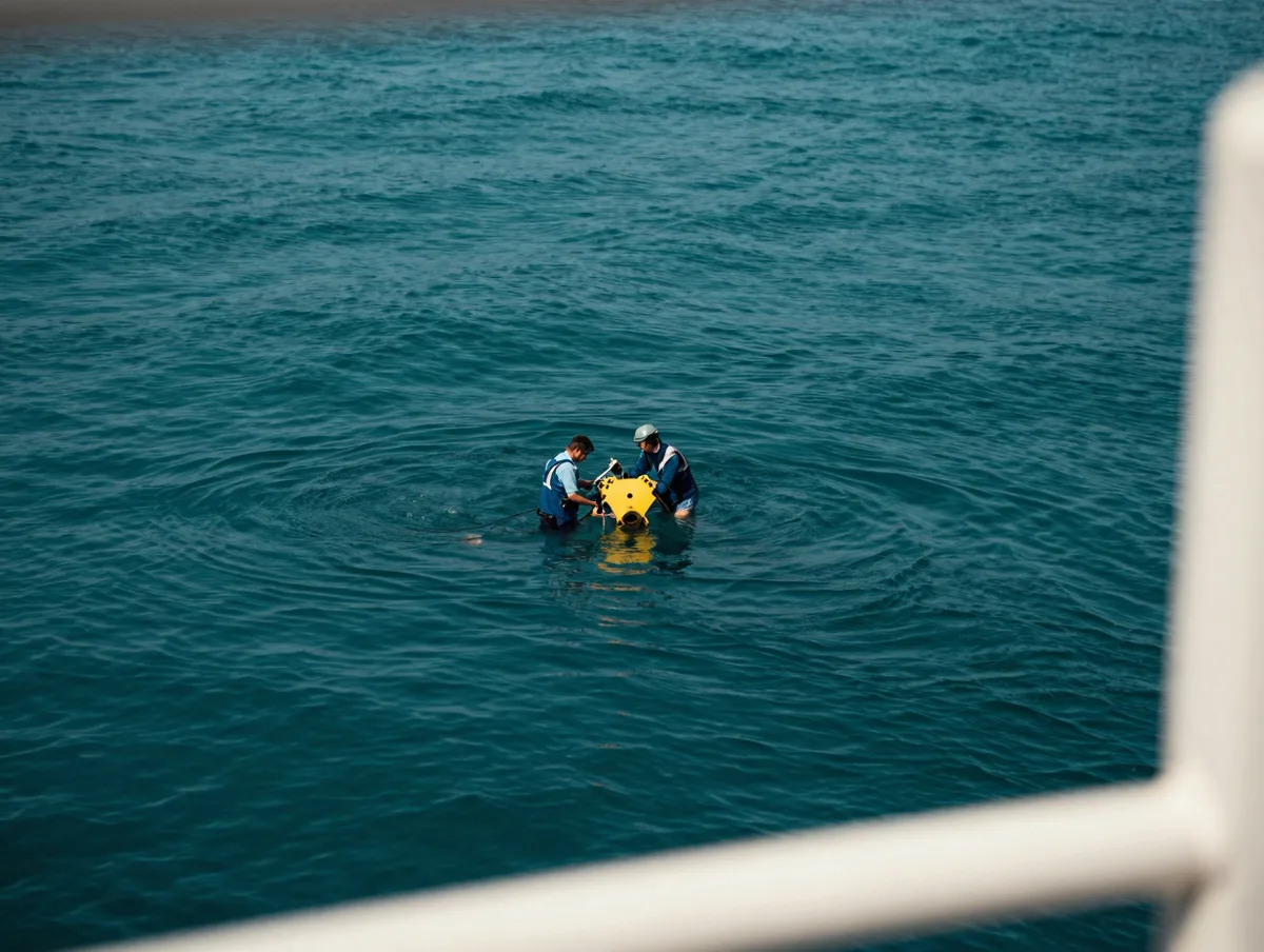 A marine research vessel at sea deploying instruments, cool teal water, overcast