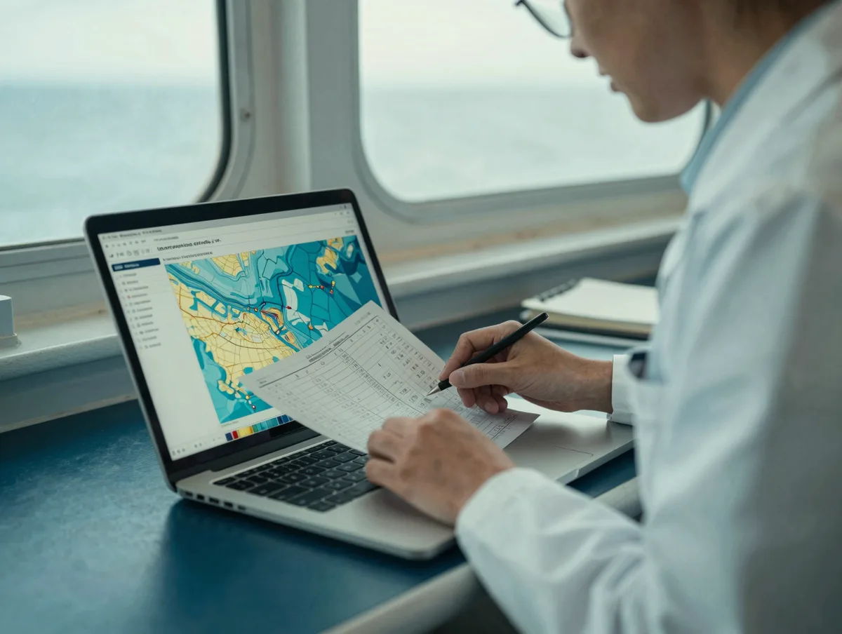 A scientist reviewing ocean data charts on a laptop in a ship cabin, teal tones