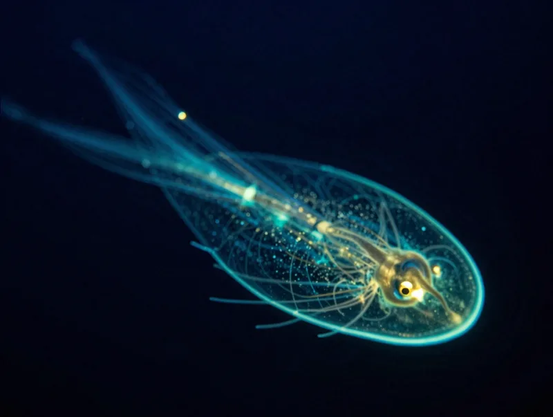 Bioluminescent creatures in the deep ocean twilight zone, teal and gold on near-black water