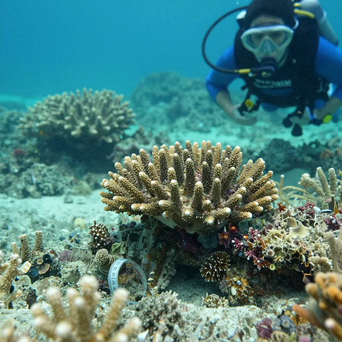 A coral reef survey with a diver and measuring tape, bright teal water