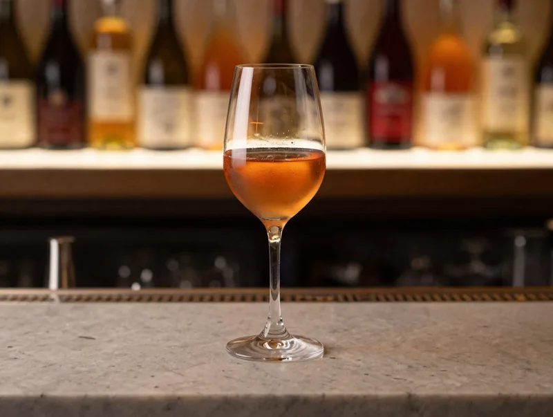 A glass of cloudy orange skin-contact wine on a marble bar, warm amber backlight, cozy wine bar