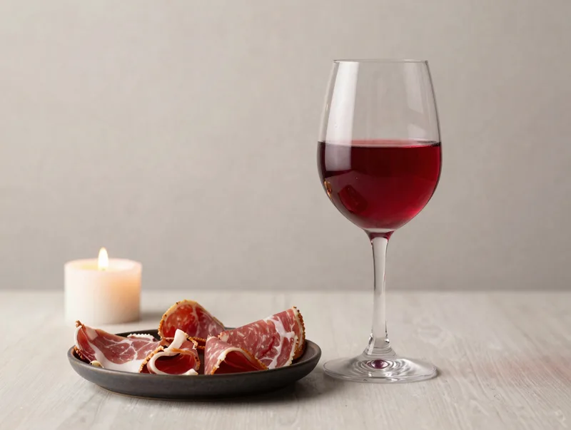 A ruby glass of chilled gamay beside a small plate of charcuterie, candlelit bar top