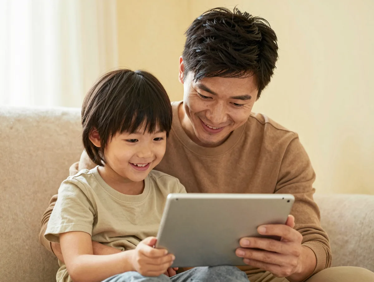 A parent and child smiling at a tablet together on a cozy couch, warm light