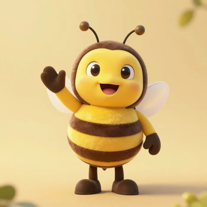 A happy cartoon mascot bee waving, bright gold background