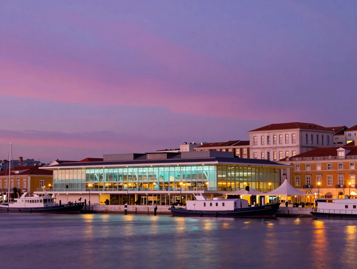 The Lisbon waterfront at dusk with warm lights and a modern venue, vivid sky