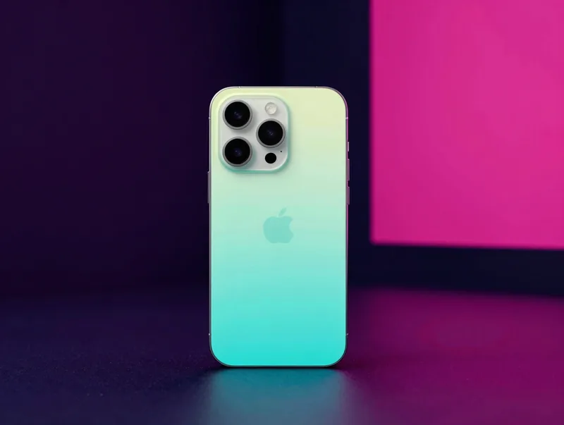 A designer on a dark conference stage lit by vivid magenta and cyan light, bold and cinematic