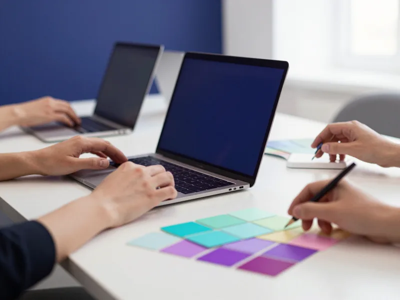 A hands-on design workshop table with laptops and color swatches under bright neon accent lighting