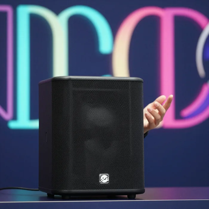 A speaker gesturing on a dark stage with bold neon graphics behind
