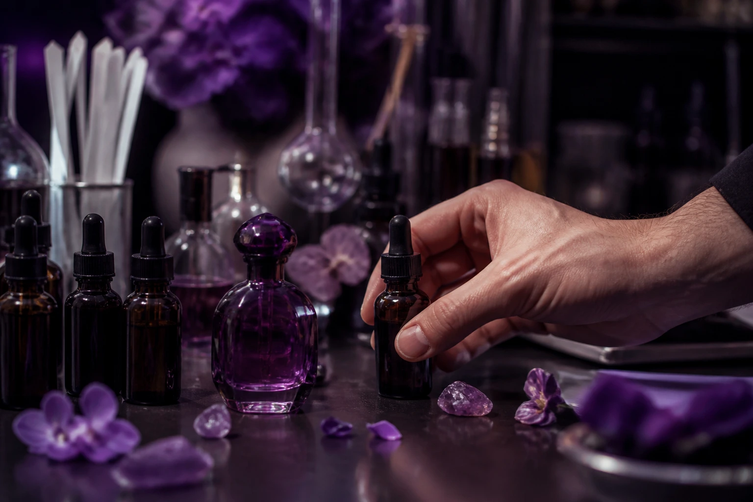 A dark perfumer's organ of amber sample bottles on a lacquered surface, one glass flacon lit in a single pool of light
