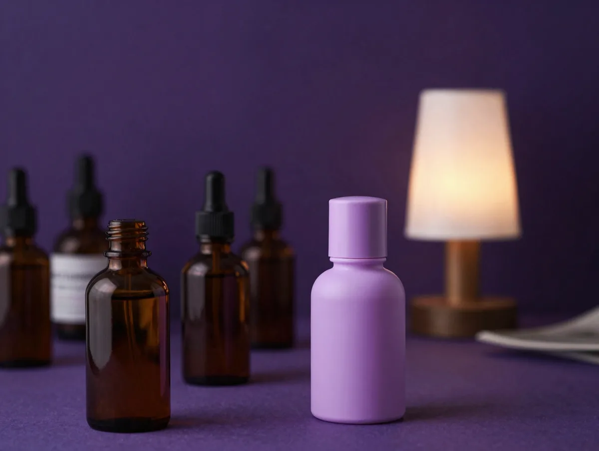 A perfumer's dim atelier with amber bottles and a single lamp, moody violet