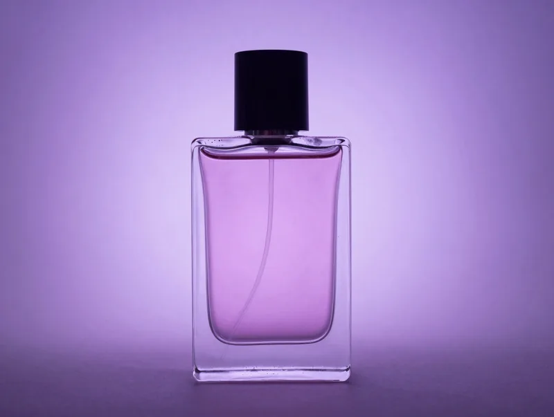 A minimalist perfume bottle backlit in soft violet haze, elegant and cinematic