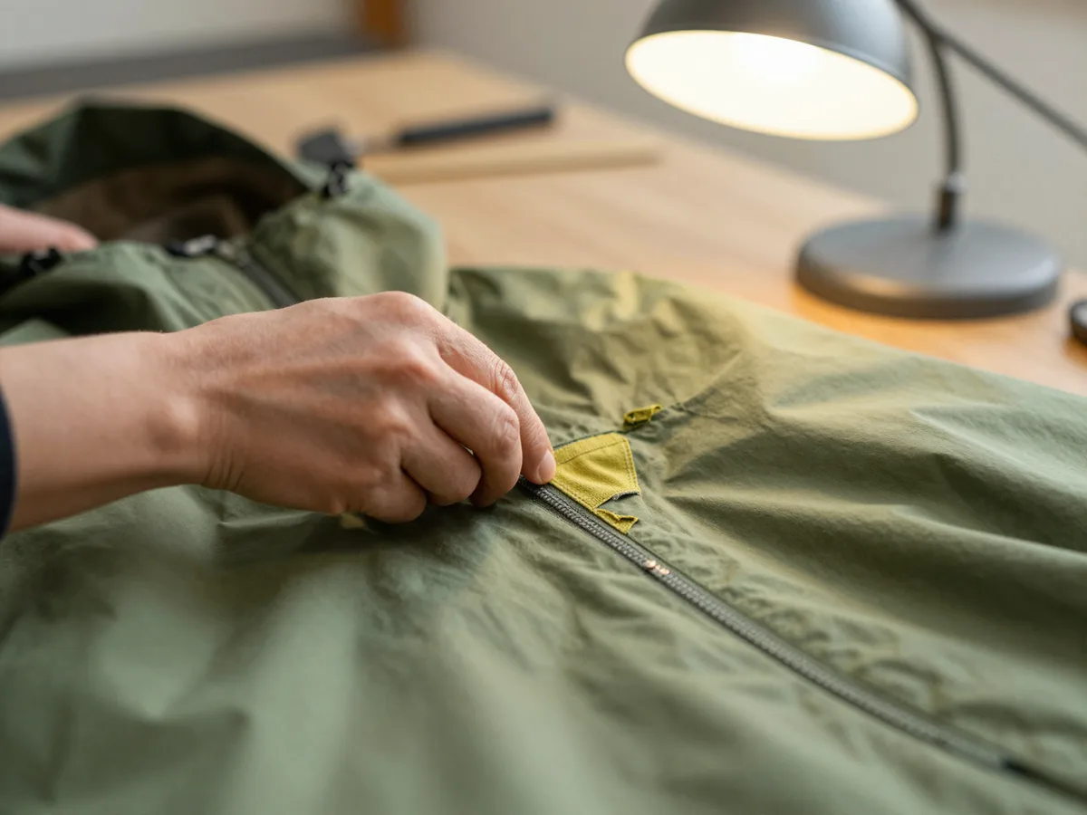 A repair workshop hand-patching a green outdoor jacket, warm workshop light