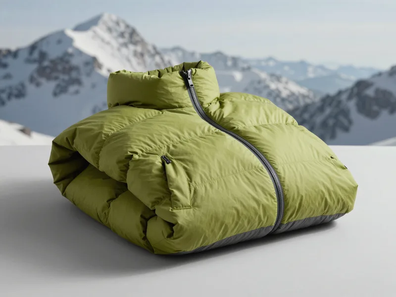 A packable green down jacket compressed beside a summit backdrop, crisp cold daylight