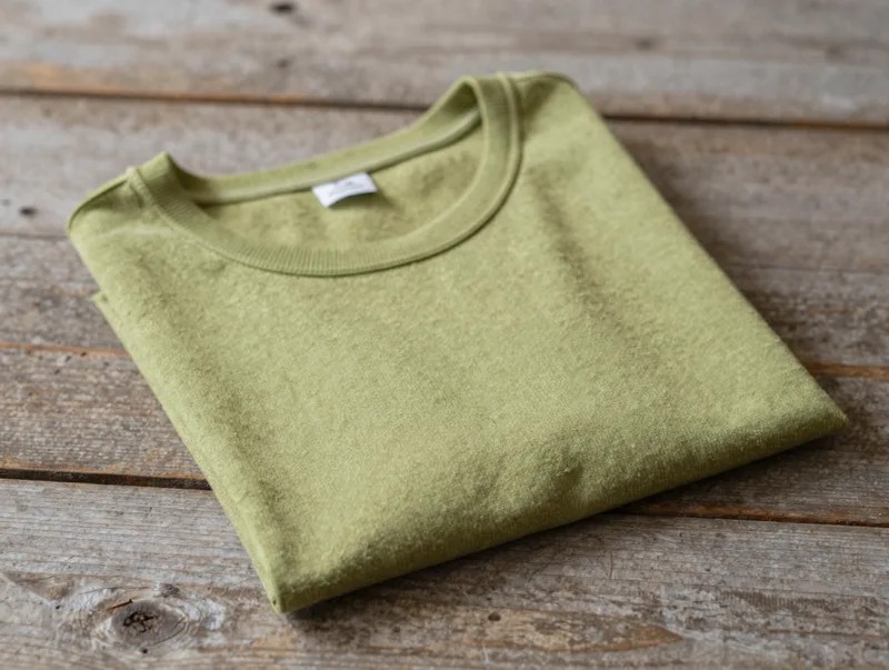 A folded merino base layer on weathered wood, soft even studio light, earthy tones