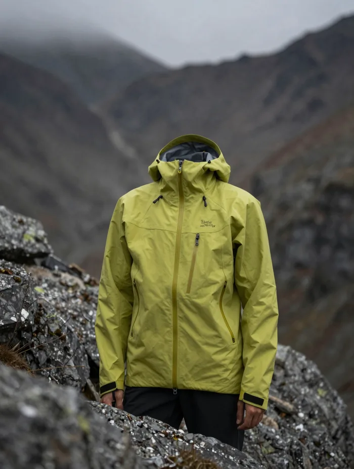 A three-layer hardshell jacket on a rocky alpine ridge, dramatic overcast light