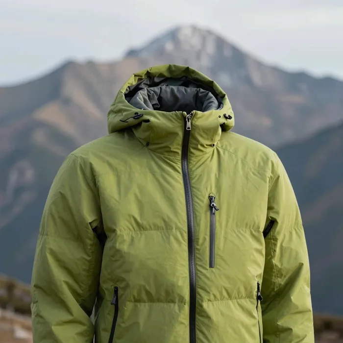 A packed green down jacket beside a summit backdrop, crisp cold daylight