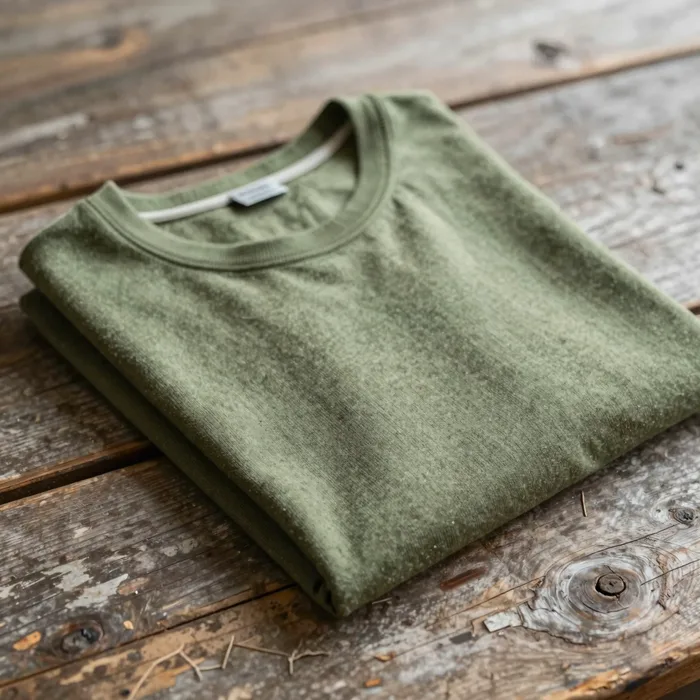 A folded merino base layer on weathered wood, earthy green tones