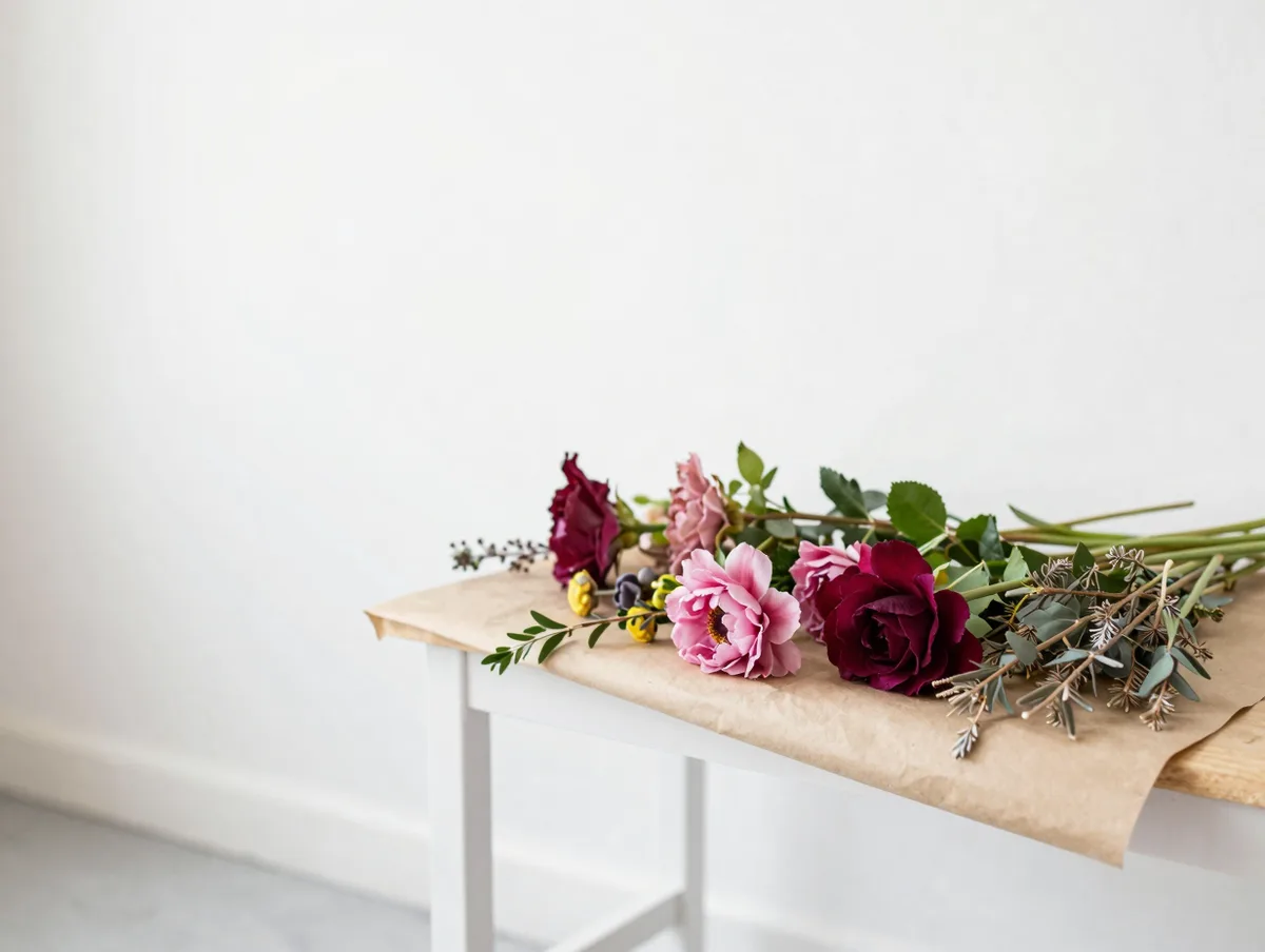 A bright florist studio bench with fresh-cut seasonal blooms and kraft paper