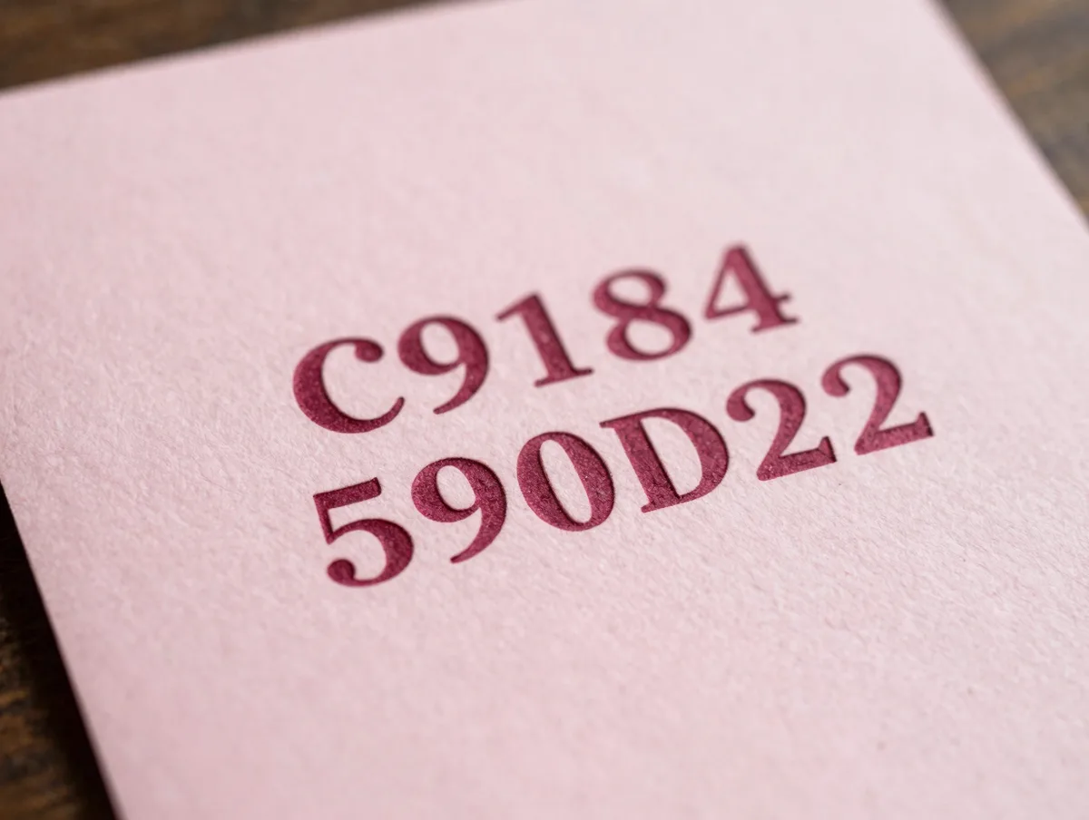 A vintage letterpress printing a soft pink greeting card, close-up, warm light