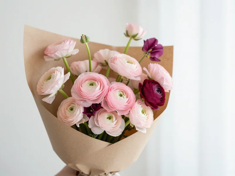 A soft blush bouquet of ranunculus and sweet pea wrapped in kraft paper, bright airy studio