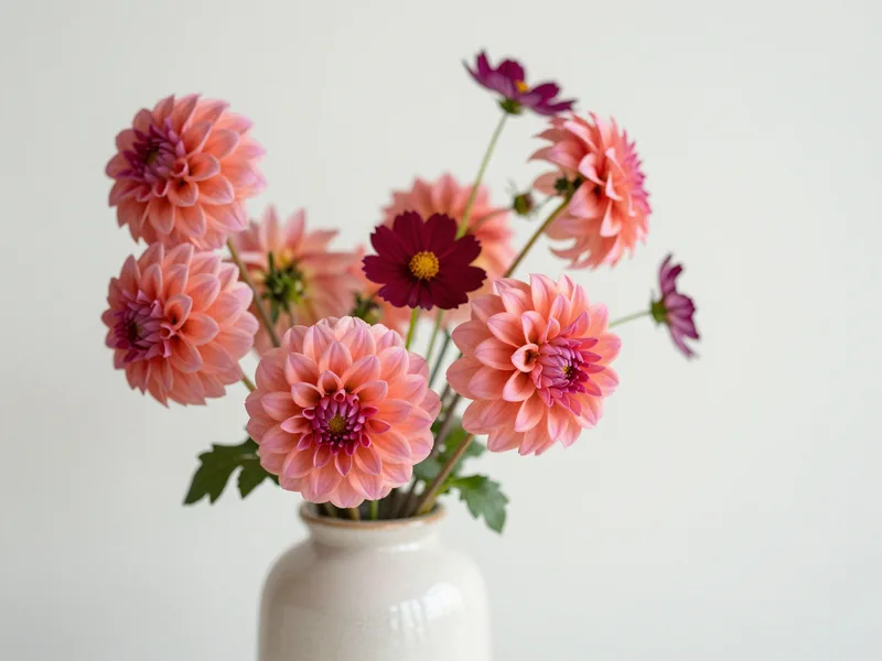 A bright coral arrangement of dahlias and cosmos in a ceramic vase, cheerful daylight