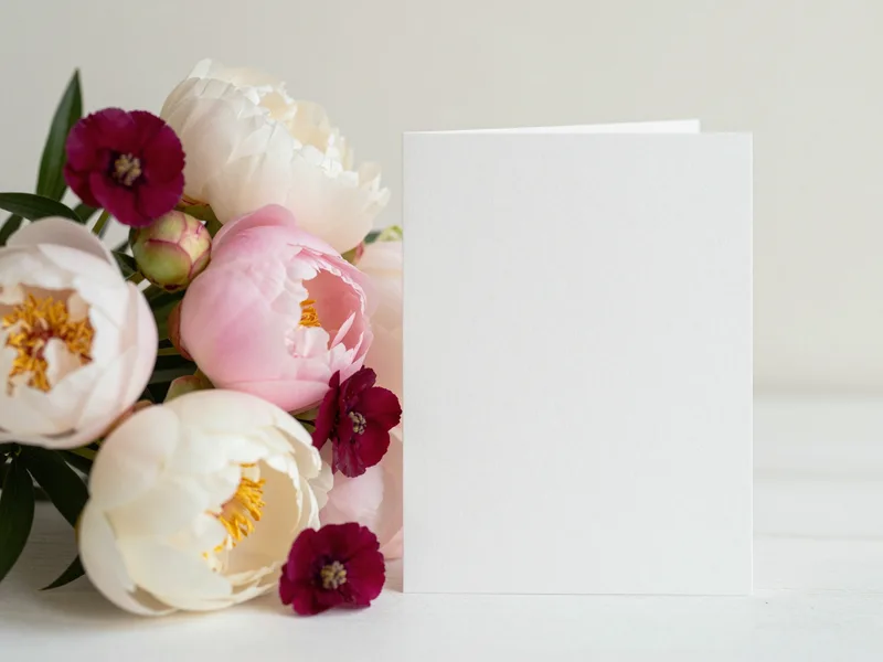 A pale pastel bunch of peonies and astilbe beside a letterpress card, gentle morning light