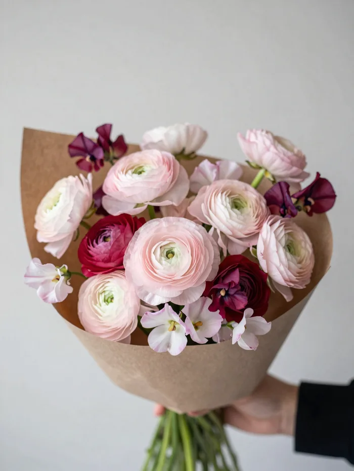 A soft blush bouquet of ranunculus and sweet pea in kraft paper, airy studio