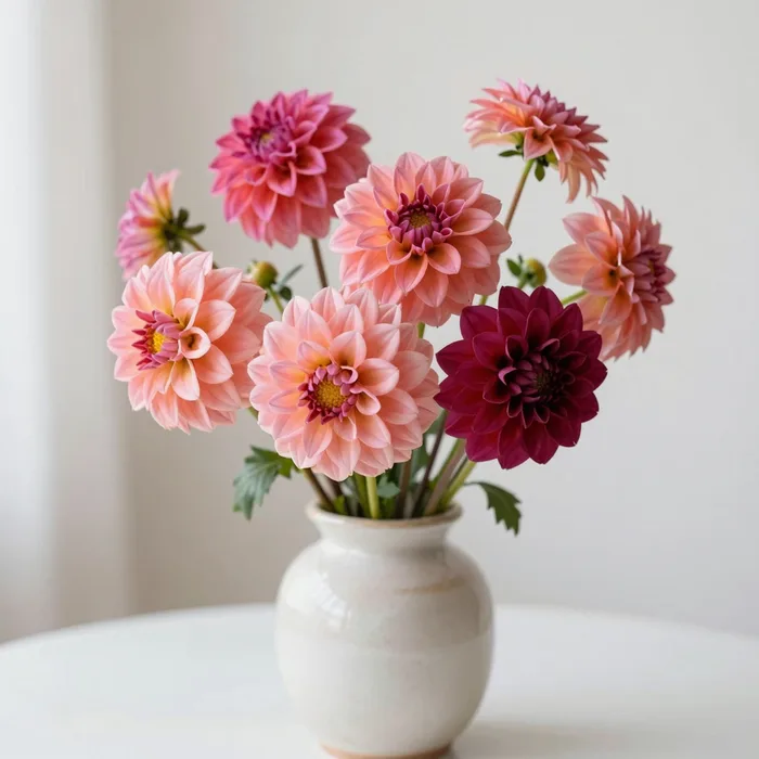 A bright coral arrangement of dahlias in a ceramic vase, cheerful daylight
