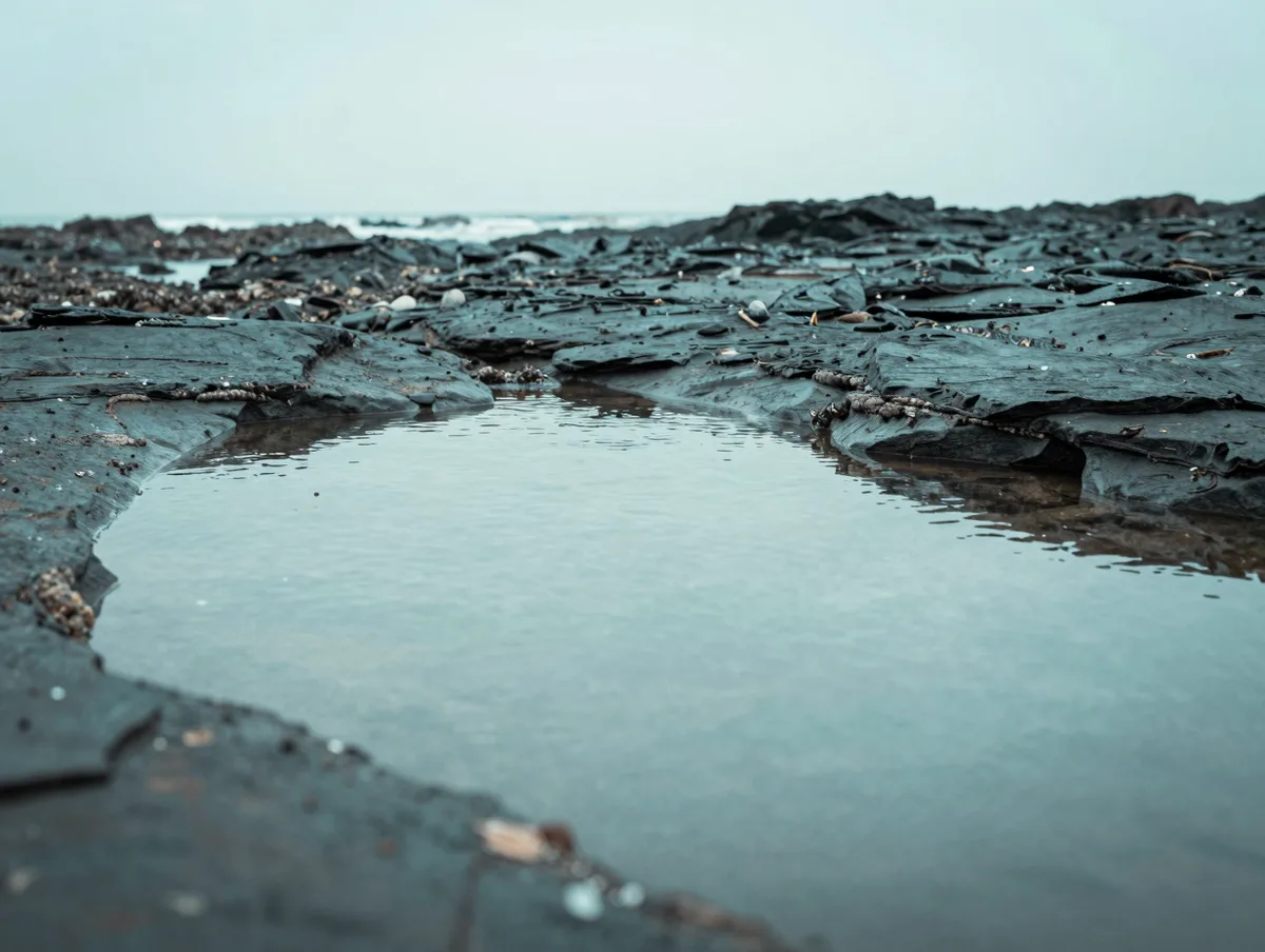 A calm rocky tide pool on a quiet coast, muted teal and slate tones