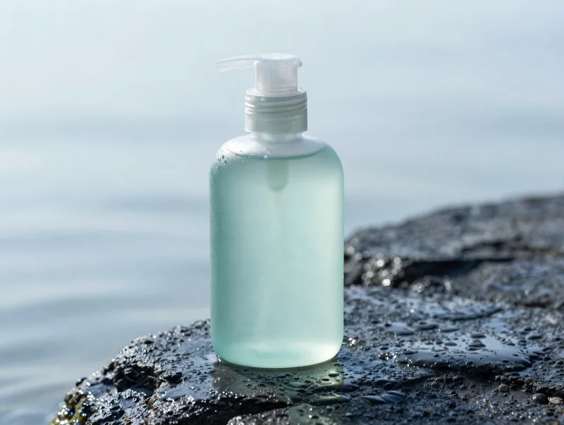 A frosted glass bottle of sea-kelp cleansing gel on wet stone, pale seaglass green, coastal light