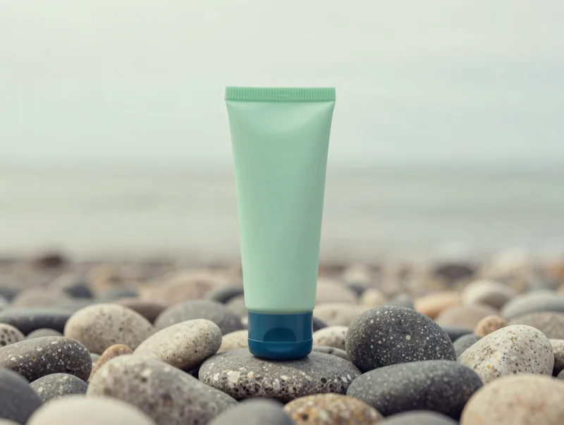 A tube of mineral SPF on smooth beach pebbles, soft overcast coastal daylight, muted greens