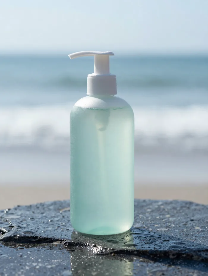 A frosted bottle of cleansing gel on wet stone, pale seaglass green, coastal light