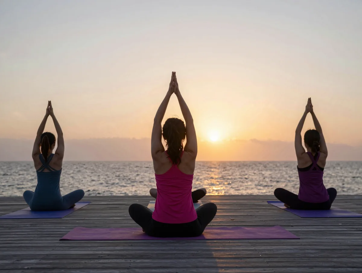 A peaceful sunrise yoga session on a wooden deck facing the ocean, warm dawn glow
