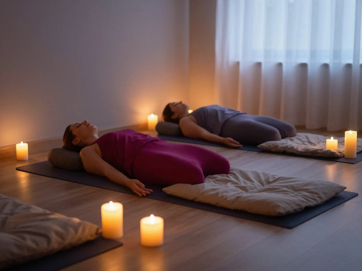 A candle-lit restorative yoga room at dusk with floor cushions, warm amber tones