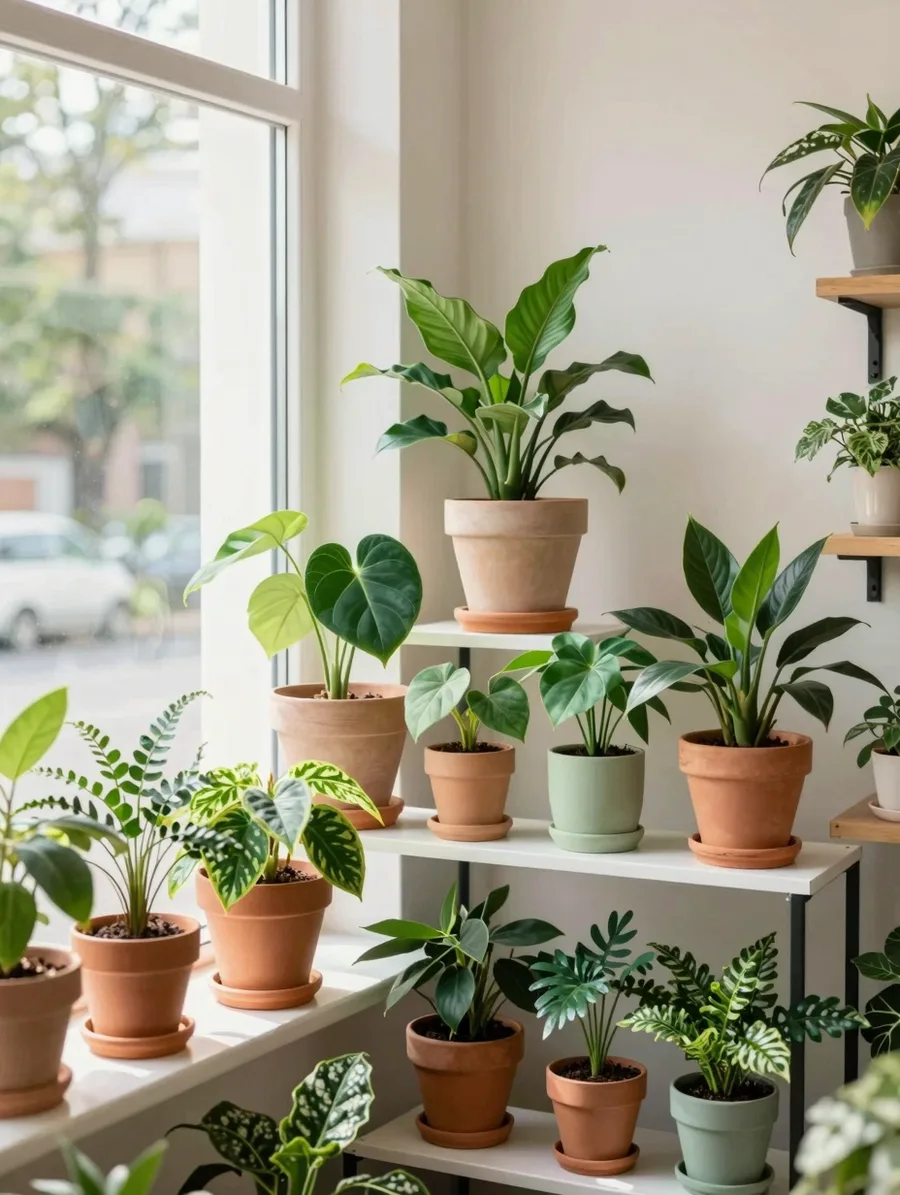 A bright plant shop corner, tiered shelves of leafy houseplants in terracotta and pale pots, sunlight through a tall window