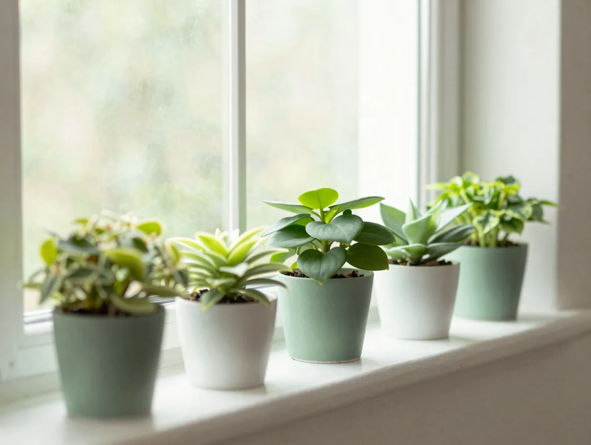 A sunlit windowsill lined with healthy green houseplants, bright and airy