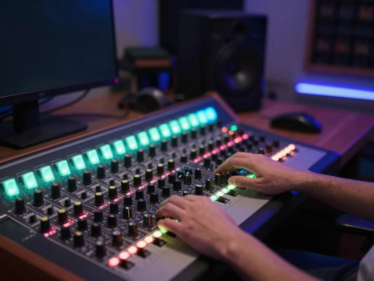 A music producer at a glowing studio console at night, neon accents