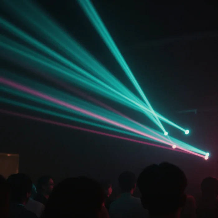 A dark club dancefloor lit by teal and pink lasers, atmospheric