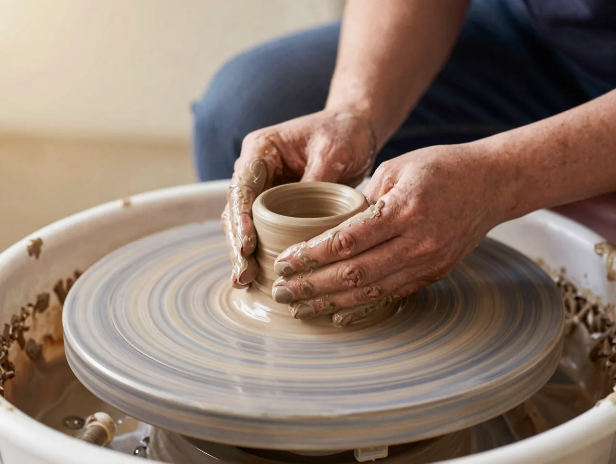 A potter's hands shaping wet clay on a spinning wheel, warm studio light