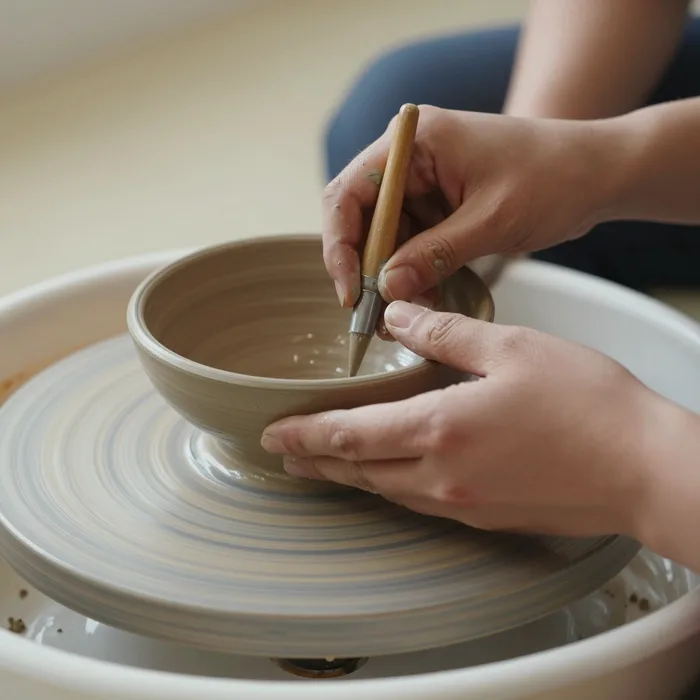 A potter trimming a bowl on the wheel, close-up, warm light