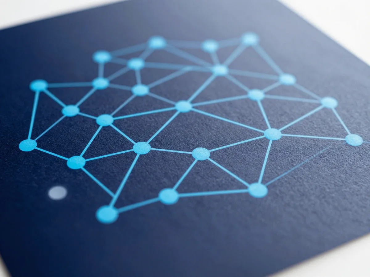 An abstract network routing diagram with cyan nodes on deep navy