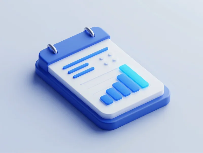 A clean isometric render of a glowing ledger and account graph, cobalt blue fintech data visualization