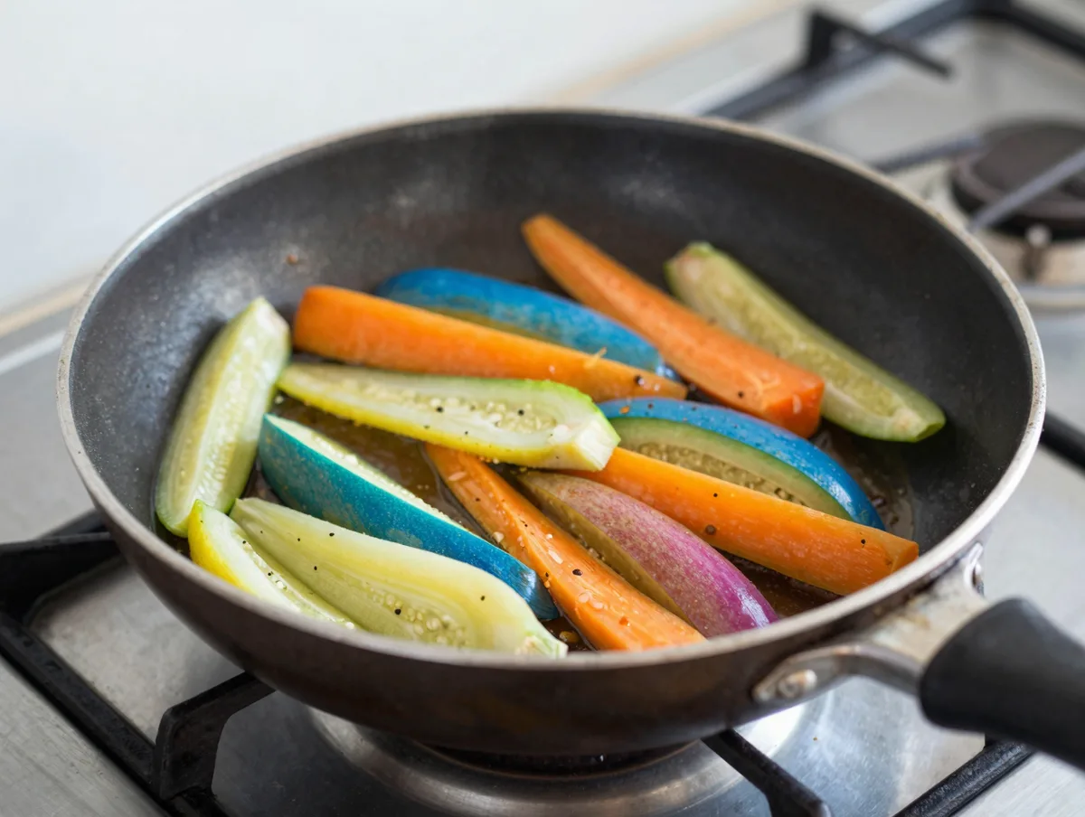 A skillet of vibrant vegetables sizzling on a stovetop, bright and fresh