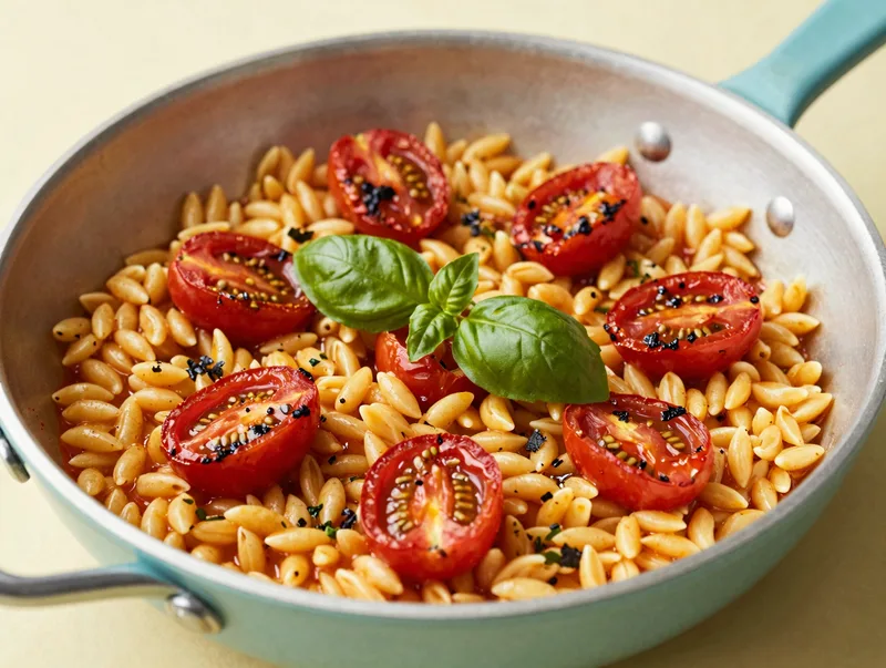 A skillet of blistered cherry tomato orzo with basil, bright and saucy weeknight dinner
