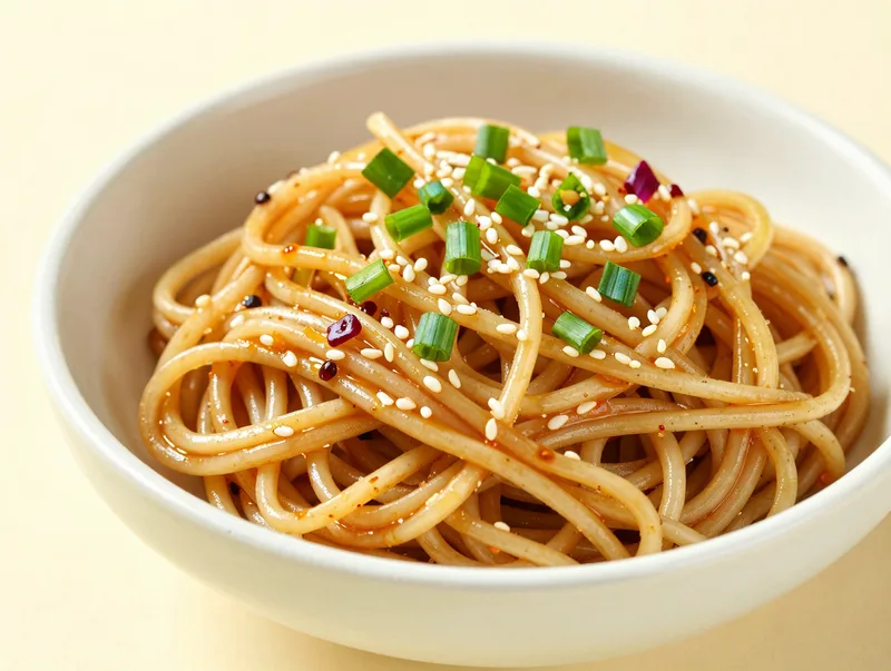 A tangle of sesame crunch noodles with scallions in a bowl, glossy and colorful food photo