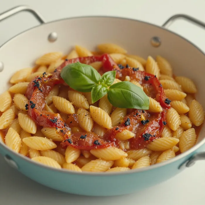 A skillet of blistered tomato orzo with basil