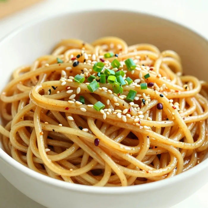 A bowl of glossy sesame crunch noodles with scallions
