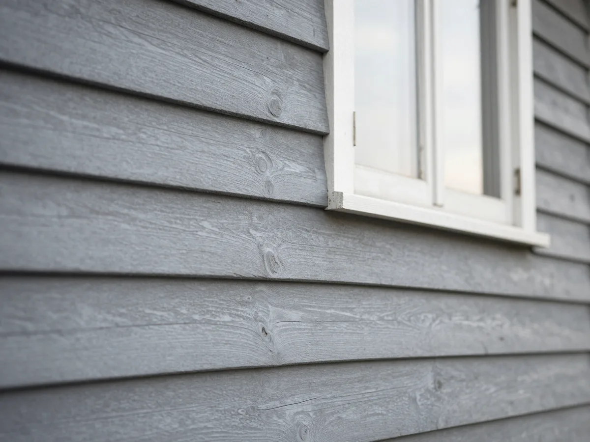 A close-up of weathered timber cladding on a coastal house, soft grey light