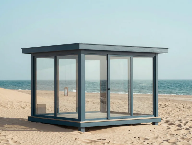 A minimalist dune pavilion with large glass facing the sea, soft coastal daylight, architecture photo
